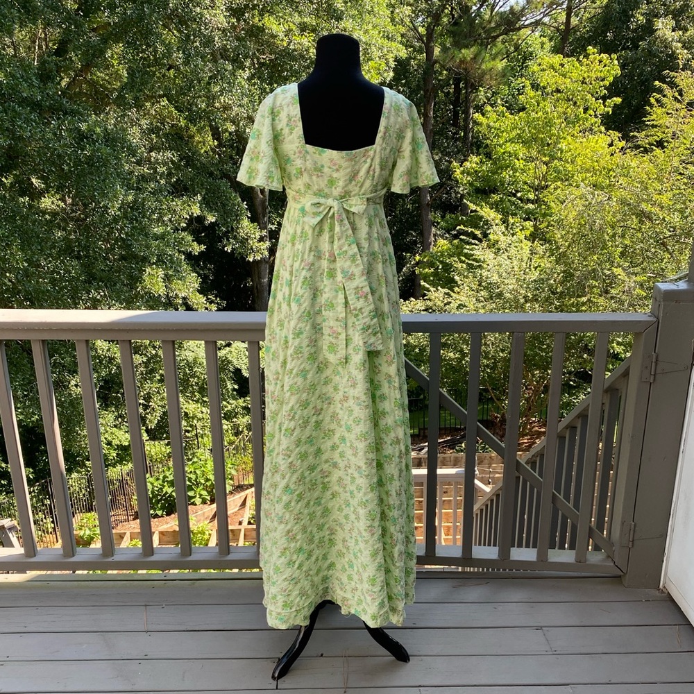 Vintage 60s Floral Cottagecore Flutter Sleeve Button Front Maxi Peasant Dress